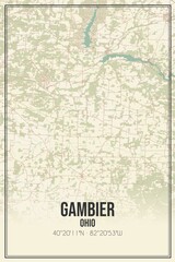 Retro US city map of Gambier, Ohio. Vintage street map.