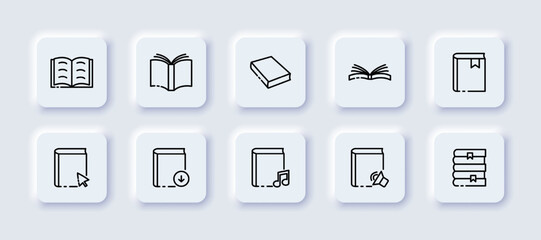 Books set icon. Paper, ebook, magazine, flipping, open, closed, bookmark, cursor, audiobook, upload, note, volume, stack. Knowledge concept. Neomorphism. Vector line icon for Business and Advertising
