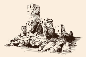 A quick pencil sketch of a medieval stone castle with towers and arches on a rocky seashore. © migfoto