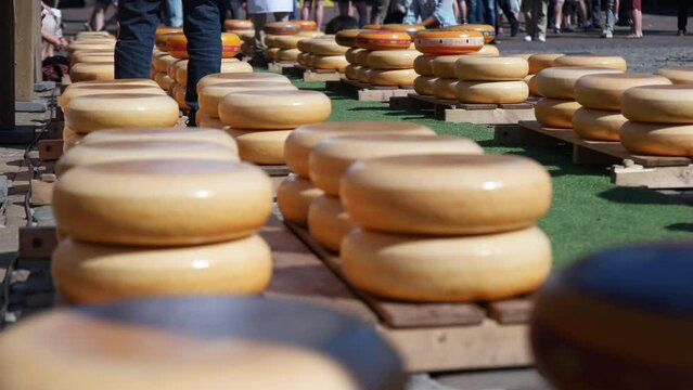 Heap Of Gouda Cheese Wheels At The Gouda Market In South Holland, Netherlands. Close Up