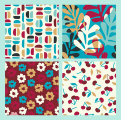 Abstract collection of seamless patterns with flowers, cherry and leaves and geometric shapes