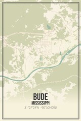Retro US city map of Bude, Mississippi. Vintage street map.
