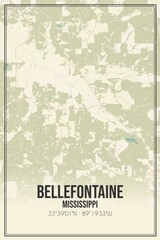 Retro US city map of Bellefontaine, Mississippi. Vintage street map.