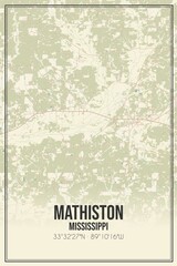 Retro US city map of Mathiston, Mississippi. Vintage street map.