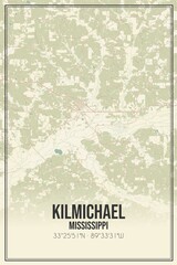 Retro US city map of Kilmichael, Mississippi. Vintage street map.