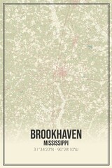 Retro US city map of Brookhaven, Mississippi. Vintage street map.
