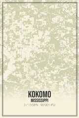Retro US city map of Kokomo, Mississippi. Vintage street map.