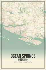 Retro US city map of Ocean Springs, Mississippi. Vintage street map.