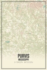 Retro US city map of Purvis, Mississippi. Vintage street map.