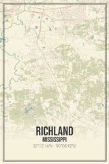 Retro US city map of Richland, Mississippi. Vintage street map.