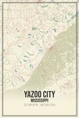 Retro US city map of Yazoo City, Mississippi. Vintage street map.