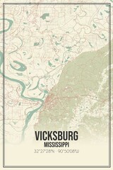 Retro US city map of Vicksburg, Mississippi. Vintage street map.