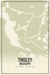 Retro US city map of Tinsley, Mississippi. Vintage street map.
