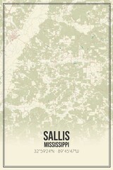 Retro US city map of Sallis, Mississippi. Vintage street map.