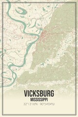 Retro US city map of Vicksburg, Mississippi. Vintage street map.