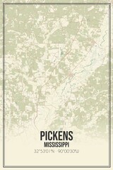 Retro US city map of Pickens, Mississippi. Vintage street map.