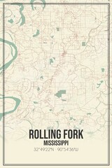 Retro US city map of Rolling Fork, Mississippi. Vintage street map.