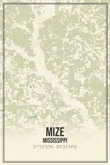 Retro US city map of Mize, Mississippi. Vintage street map.