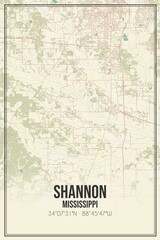 Retro US city map of Shannon, Mississippi. Vintage street map.