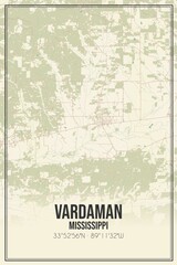 Retro US city map of Vardaman, Mississippi. Vintage street map.