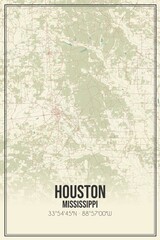 Retro US city map of Houston, Mississippi. Vintage street map.