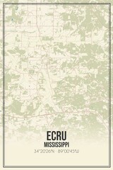 Retro US city map of Ecru, Mississippi. Vintage street map.