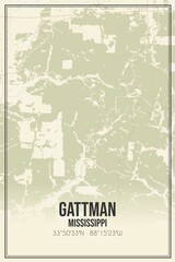 Retro US city map of Gattman, Mississippi. Vintage street map.