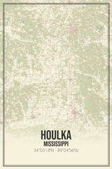 Retro US city map of Houlka, Mississippi. Vintage street map.
