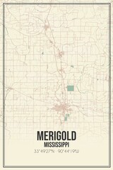 Retro US city map of Merigold, Mississippi. Vintage street map.
