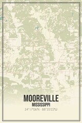 Retro US city map of Mooreville, Mississippi. Vintage street map.
