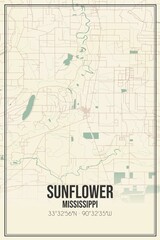 Retro US city map of Sunflower, Mississippi. Vintage street map.