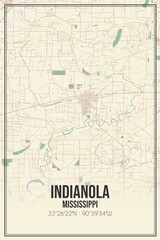 Retro US city map of Indianola, Mississippi. Vintage street map.