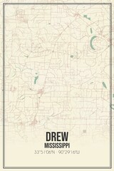 Retro US city map of Drew, Mississippi. Vintage street map.