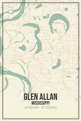 Retro US city map of Glen Allan, Mississippi. Vintage street map.