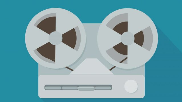 Animation loop of retro magnetic tape device in flat design style with blue  background and shadow