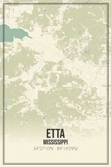 Retro US city map of Etta, Mississippi. Vintage street map.