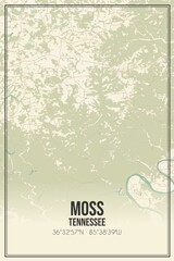 Retro US city map of Moss, Tennessee. Vintage street map.