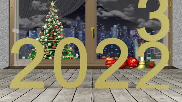Filmato. Illustrazione 3D. Anno nuovo 2023. Capodanno 2023 in numeri. Il 2023 sostituisce il 2022..