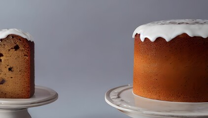 Closeup of two trays with chiffon cakes and drip frosting isolated on a gray background