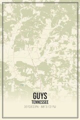 Retro US city map of Guys, Tennessee. Vintage street map.