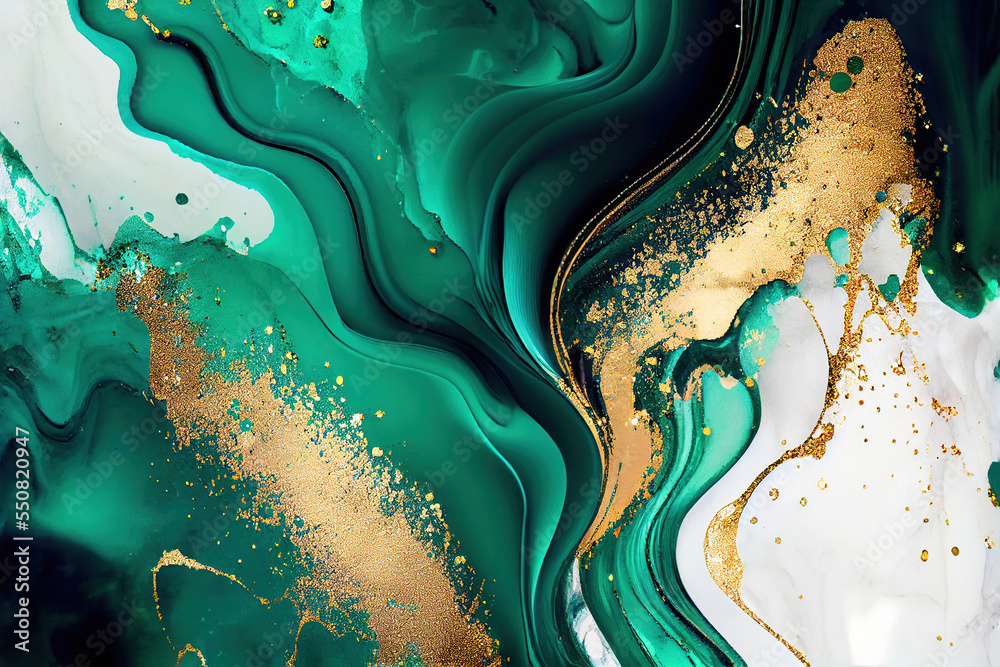 Wall mural marble texture with abstract green, white, glitter and gold background alcohol ink colors