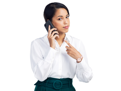 PNG Studio shot of a young businesswoman using a smartphone and pointing at her phone against a grey background - Powered by Adobe