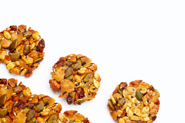 Whole grain cookies on white background.
