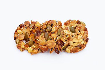 Whole grain cookies on white background.