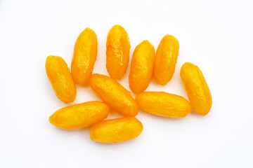 Mung bean paste formed in egg yolk and sugar. Thai Dessert