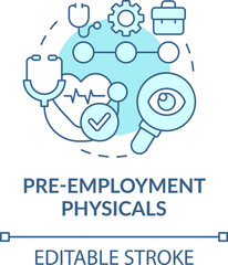 Pre-employment physicals turquoise concept icon. Minimize workplace accidents tip abstract idea thin line illustration. Isolated outline drawing. Editable stroke. Arial, Myriad Pro-Bold fonts used