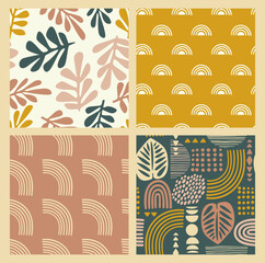 Artistic seamless patterns with abstract leaves and geometric shapes. Modern vector design