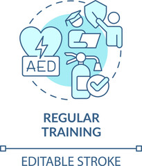 Regular training turquoise concept icon. AED kit. Avoiding worker injuries tip abstract idea thin line illustration. Isolated outline drawing. Editable stroke. Arial, Myriad Pro-Bold fonts used