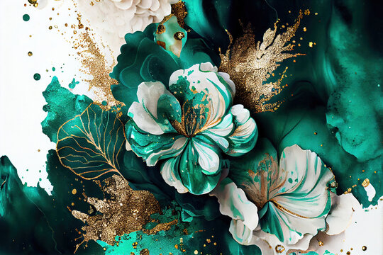 flower marble texture with abstract green, white, glitter and gold background alcohol ink colors	
