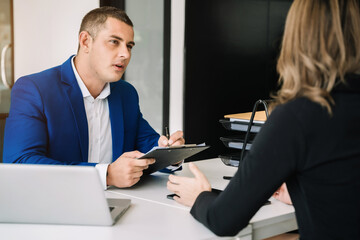 Businessman, administrator, financial audit and secretary making reports, calculating balance....